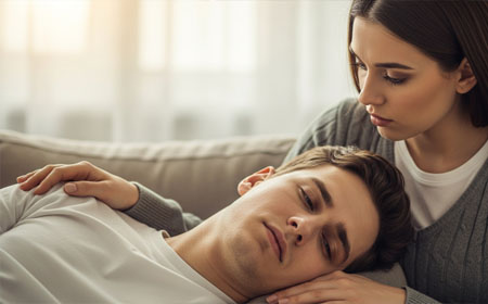 Женщина сидит и  успокаивает мужчину